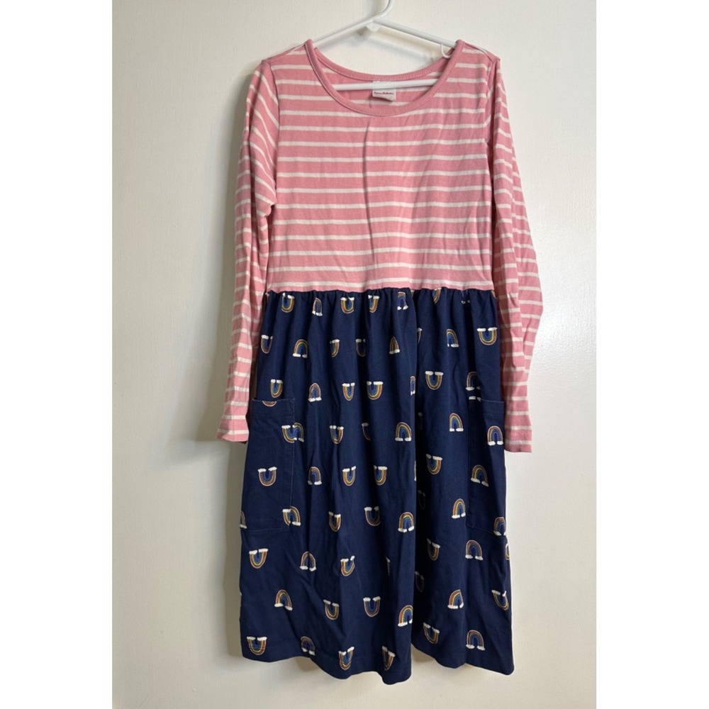 Hanna Andersson Size 130 7-8 Pink Stripe Navy Rainbow Print Mixie Playdress